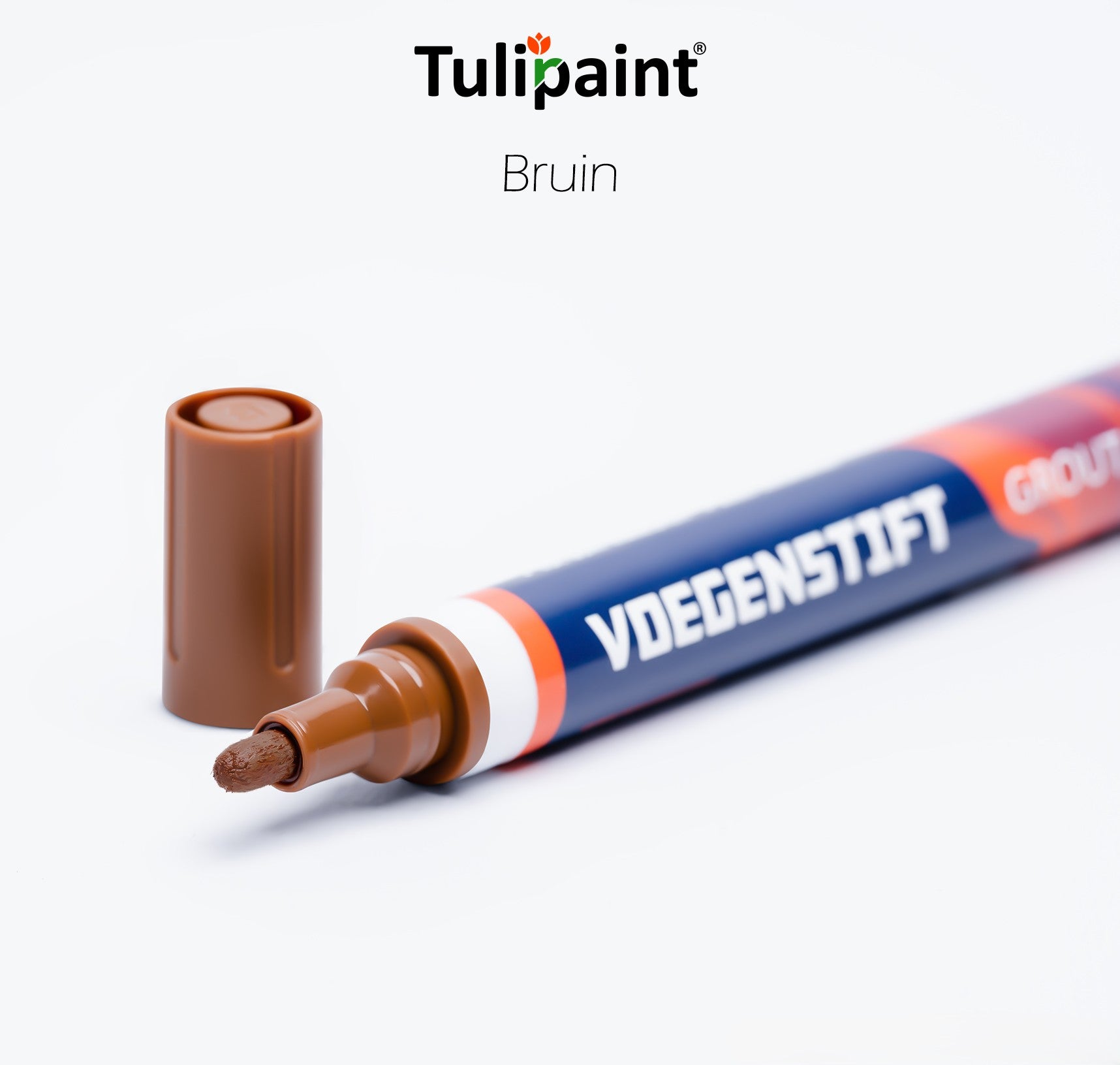 Tulipaint-Voegenstift-voegenmarker-Bruin-uit-verpakking-liggend-dop-ernaast